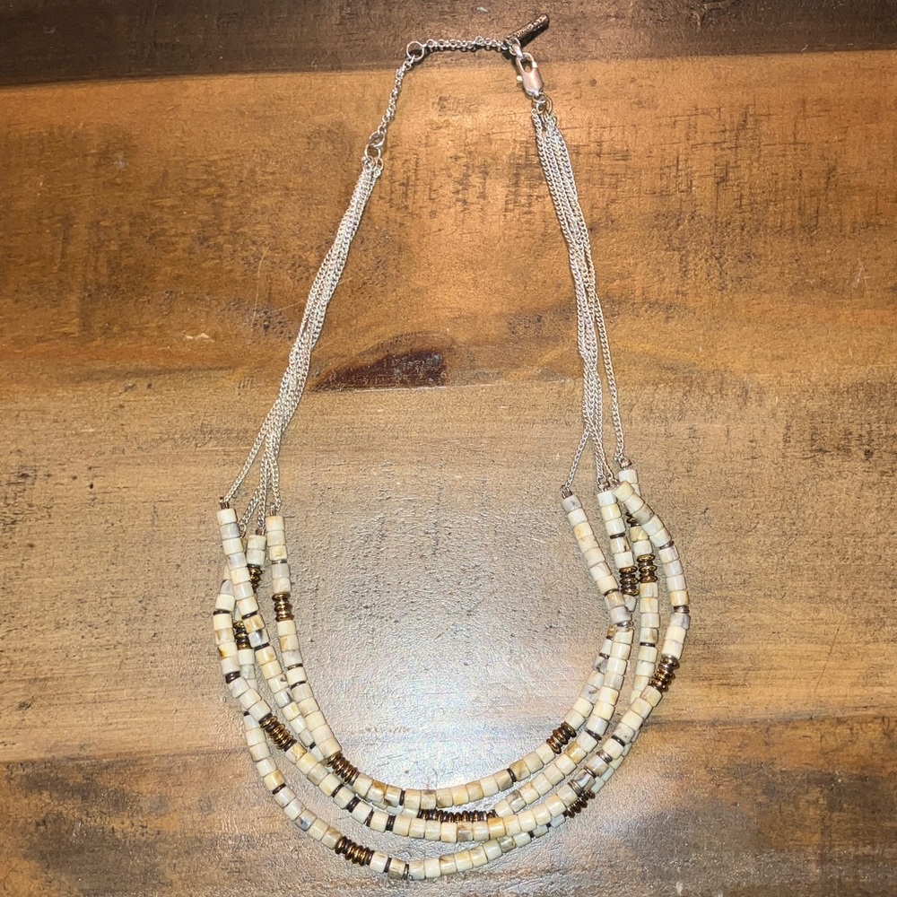 Kenneth Cole Multi Strand Beaded Statement Necklace Neutral Tones Cream Gray